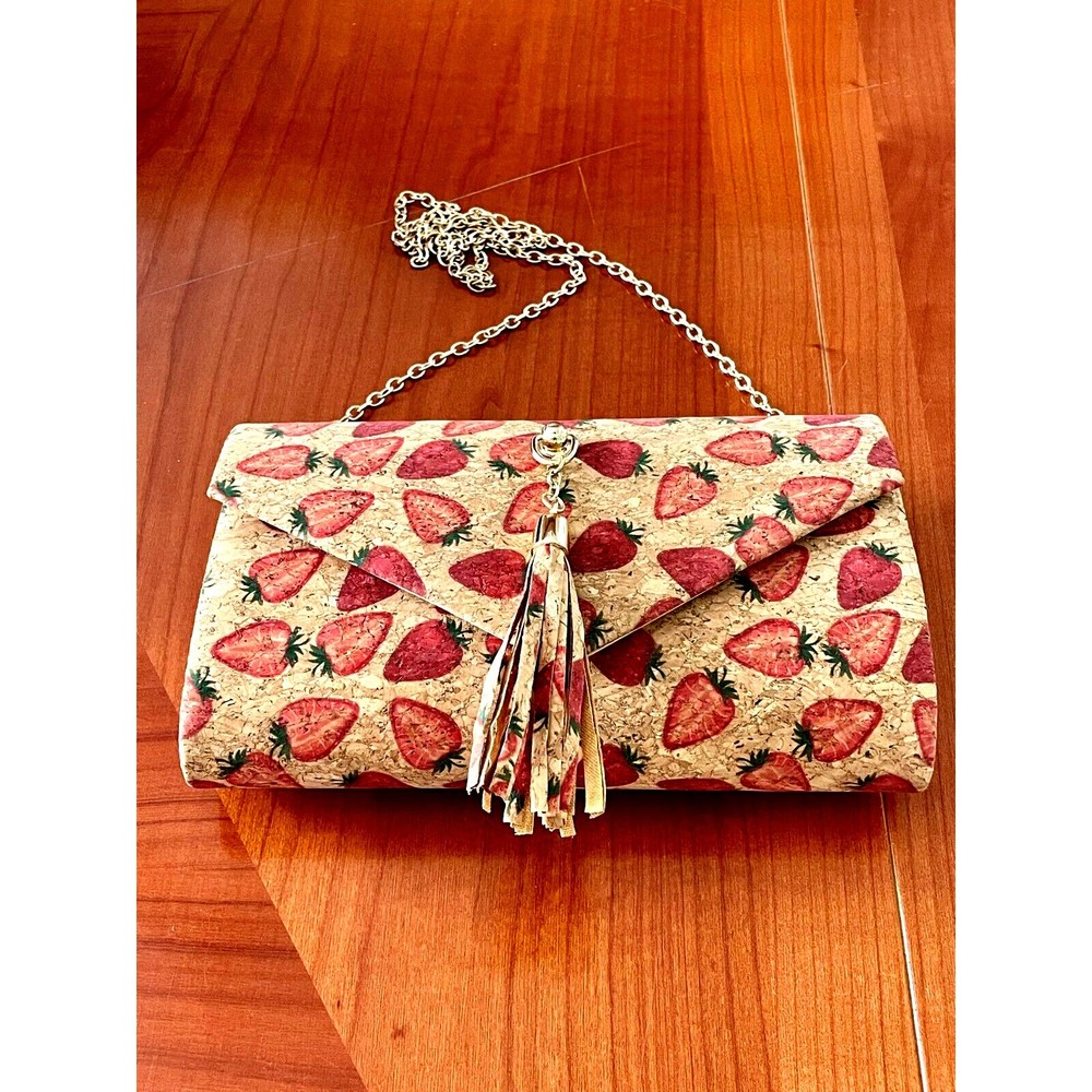 Alessia Bianchi Strawberry Print Cork Clutch / Convertible Shoulder Purse Tassel